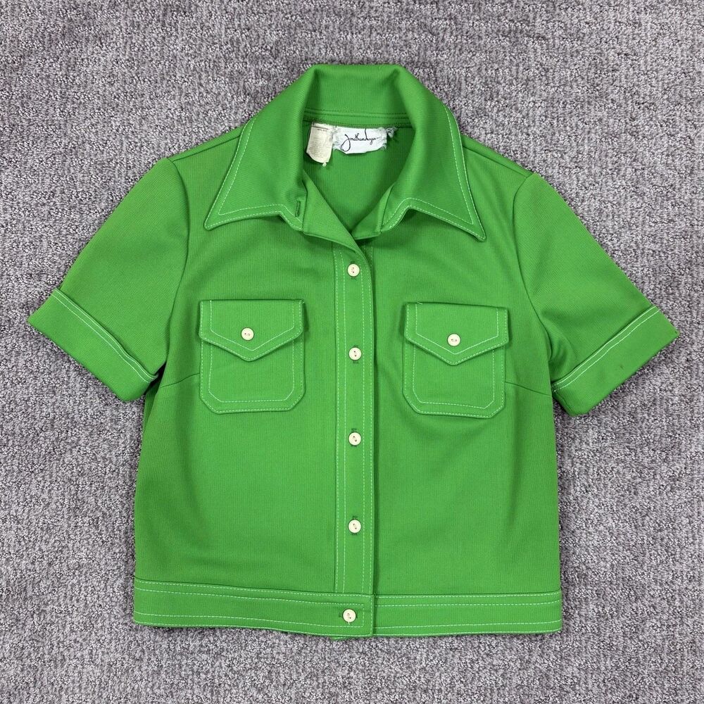 Vintage Jonathan Logan Shirt Womens Small Green Button Pocket 70s Retro Disco